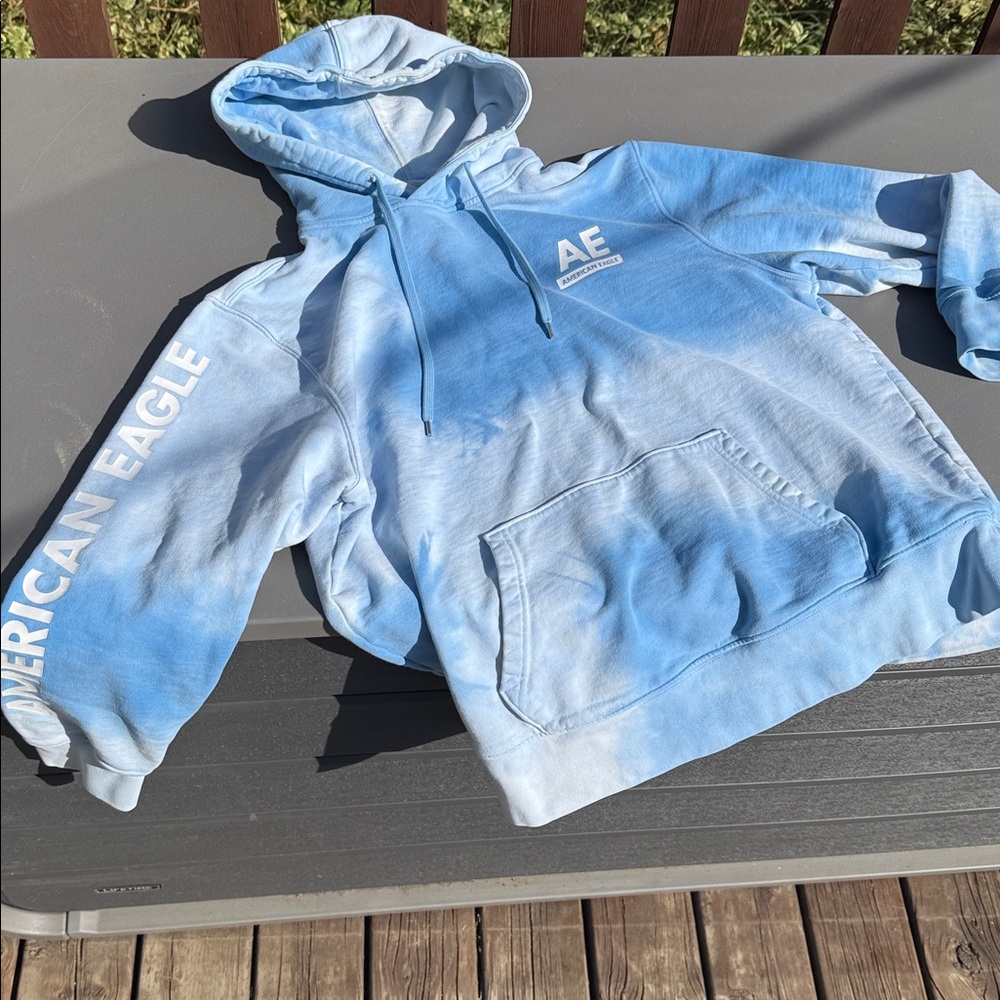 AE Blue Tie-Dye pull over Hoodie with American Eagle graphic size large